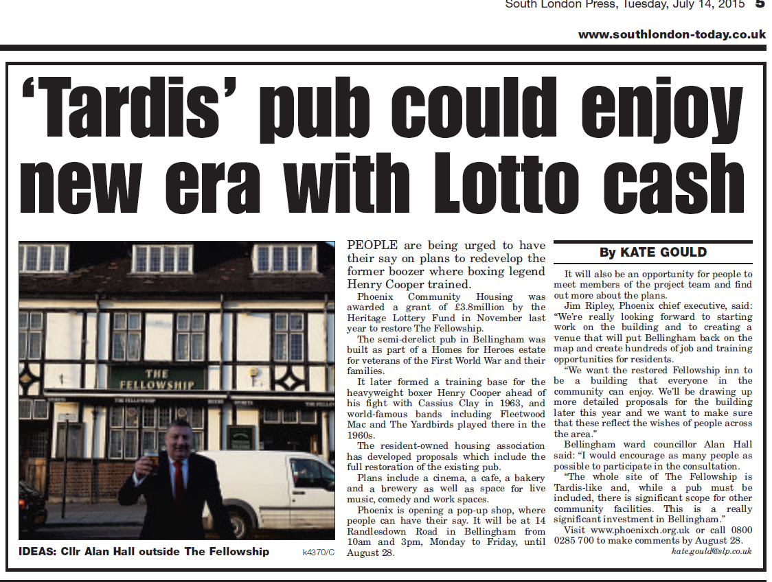 Clipping from the South London Press reading "'Tardis' pub could enjoy new era with Lotto cash"